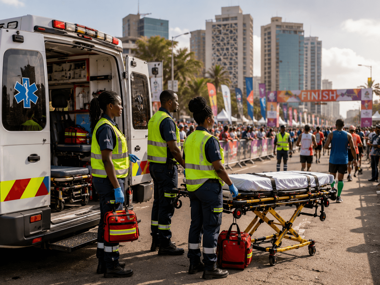 Ambulance and medical standby team on duty at a large outdoor event