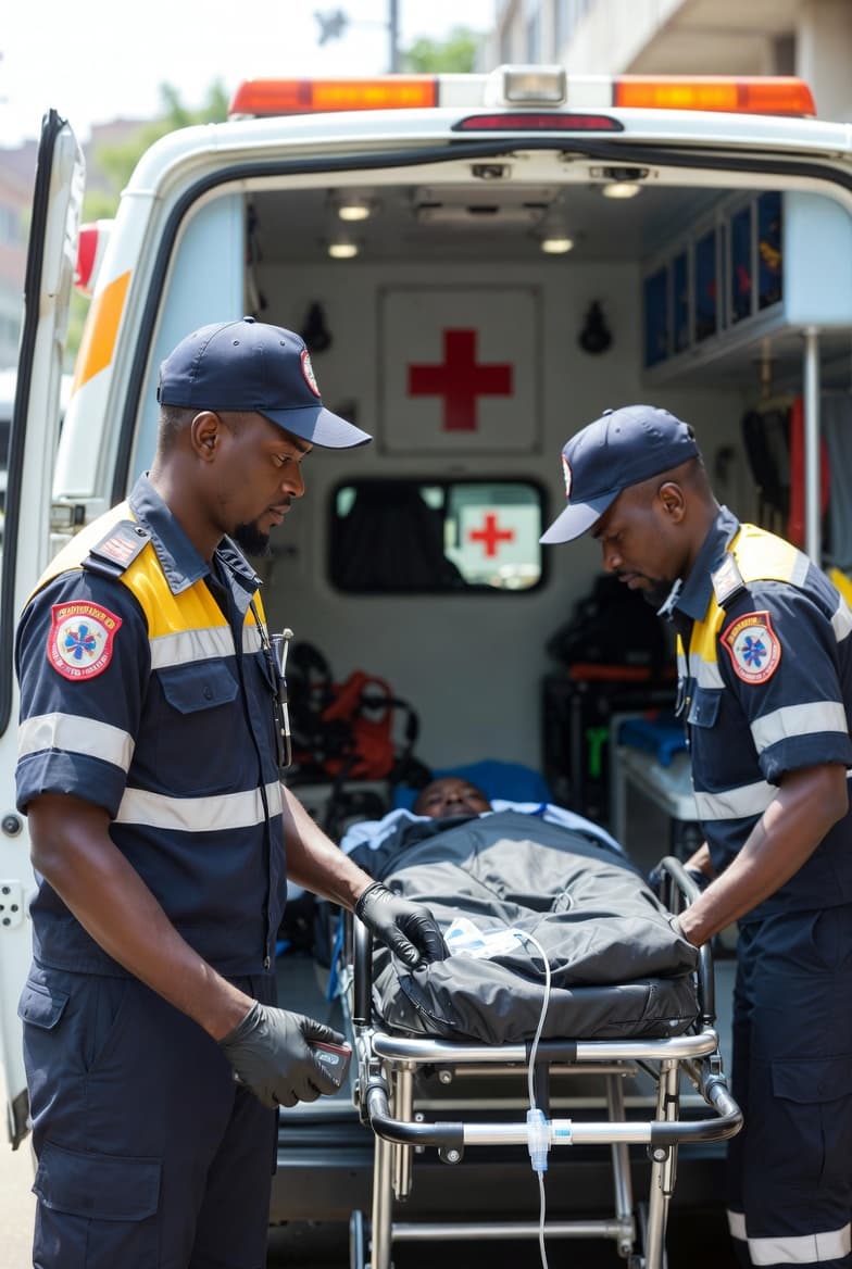 Ambulance and medical professionals preparing kit for an event